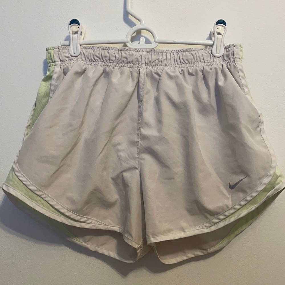 White and green Nike dri-fit tempo shorts